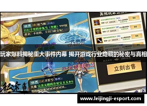 玩家爆料揭秘重大事件内幕 揭开游戏行业隐藏的秘密与真相
