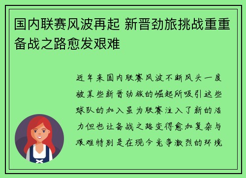 国内联赛风波再起 新晋劲旅挑战重重备战之路愈发艰难