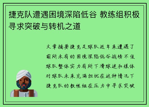 捷克队遭遇困境深陷低谷 教练组积极寻求突破与转机之道