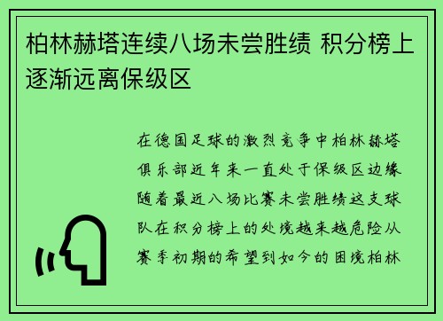 柏林赫塔连续八场未尝胜绩 积分榜上逐渐远离保级区
