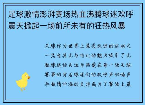 足球激情澎湃赛场热血沸腾球迷欢呼震天掀起一场前所未有的狂热风暴