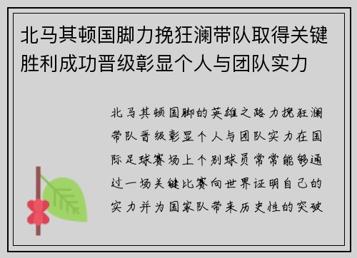 北马其顿国脚力挽狂澜带队取得关键胜利成功晋级彰显个人与团队实力