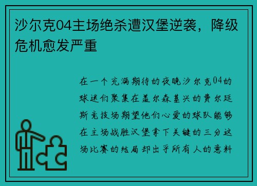 沙尔克04主场绝杀遭汉堡逆袭，降级危机愈发严重