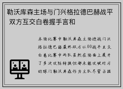 勒沃库森主场与门兴格拉德巴赫战平 双方互交白卷握手言和