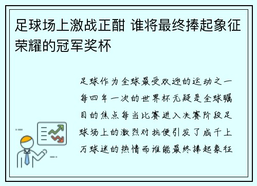 足球场上激战正酣 谁将最终捧起象征荣耀的冠军奖杯