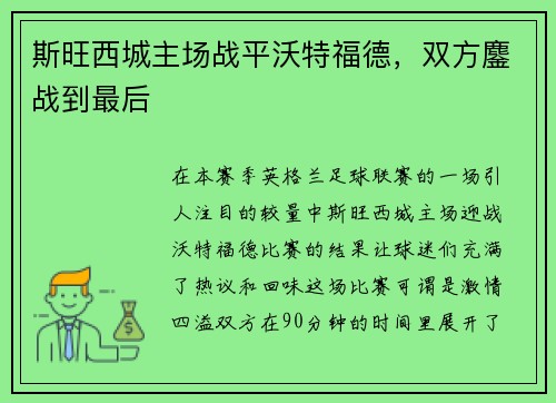 斯旺西城主场战平沃特福德，双方鏖战到最后