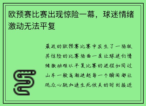 欧预赛比赛出现惊险一幕，球迷情绪激动无法平复