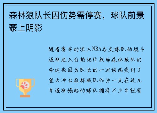 森林狼队长因伤势需停赛，球队前景蒙上阴影
