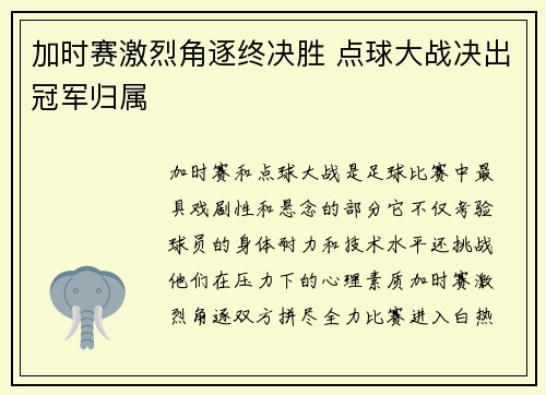 加时赛激烈角逐终决胜 点球大战决出冠军归属